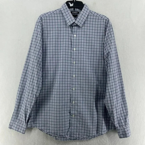 Express Button-Up Shirt Men's Sz L Purple Slim Fit Plaid Collared Curve Hem - Picture 1 of 12